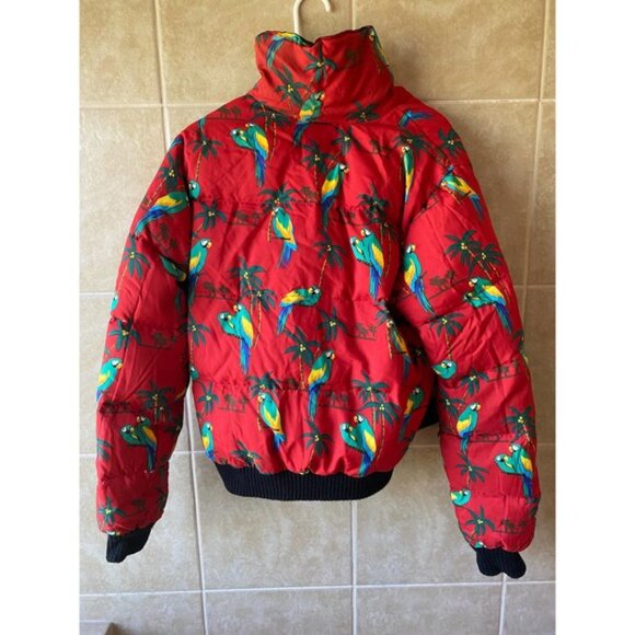Vintage 90s Tropical Parrot Down-Filled Jacket, Size Large Kids - Picture 2 of 14
